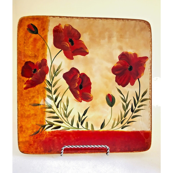 Platter/Plate-Pier 1 Imports-"Poppies"-10.5" x 10.5"-Earthenware-Hand Painted - Picture 1 of 9